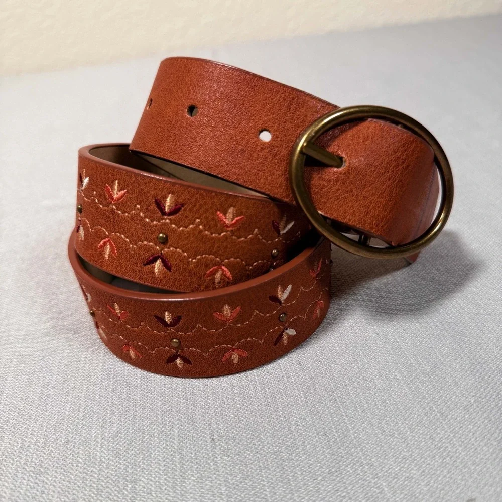Vintage Floral Embroidered Brown Leather Belt Cambodia Studded Brass Buckle
